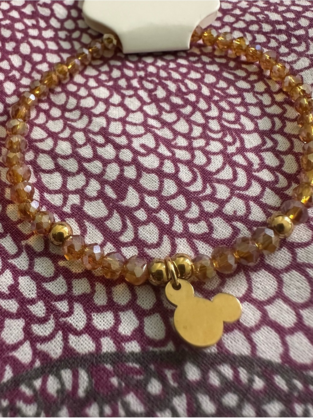 Murano stone  Gold-Tone Amber Bead Bracelet with Mickey-Style Steel Charm